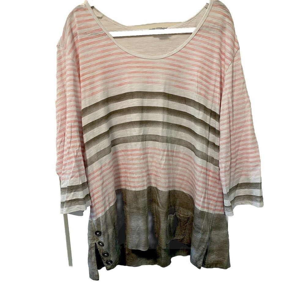 Womens Wild Palms 3/4 Sleeved Striped Gray And‎ Pink Shirt XXL